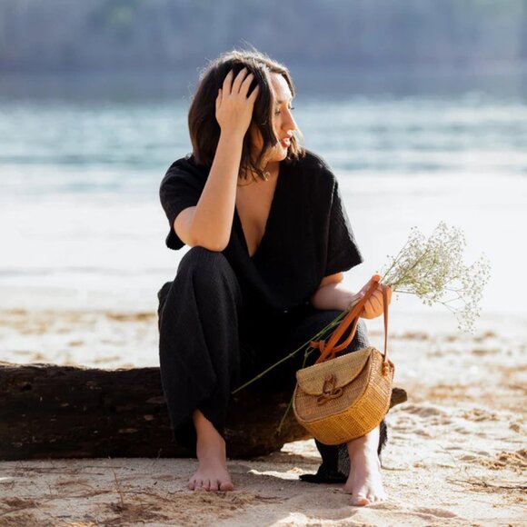 Pokoloco Muslin Cotton Crinkle Crop Top - Size OS - Distressed Natural Black - Picture 5 of 13